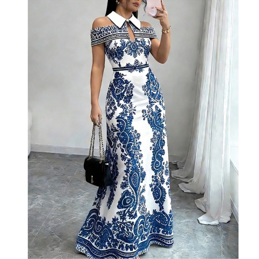 Bohemian Floral Print Cold Shoulder Collar Maxi Dress S M L